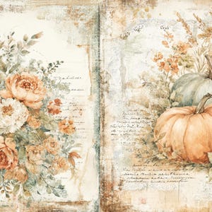 May include: Watercolor painting featuring a bouquet of peach and white roses with greenery, and two pumpkins. The pumpkins are orange and blue-green. The background has a vintage, aged paper texture with script.
