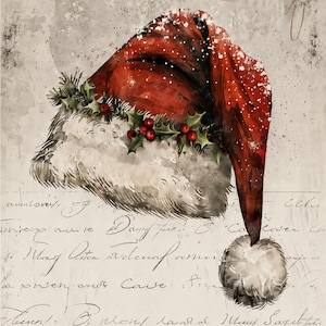 May include: A red and white Santa hat featuring a white fur trim and a pom-pom, decorated with green holly leaves and red berries. The hat is set against a light beige background with faint, illegible cursive handwriting and ink splatters.