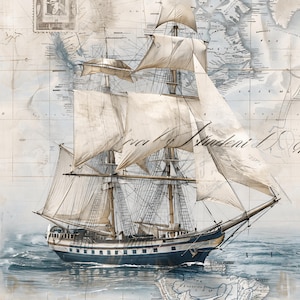 May include: A multi-masted sailing ship with white sails navigating over a vintage map background. The ship features a dark blue hull and intricate rigging. The map includes geographical outlines, grid lines, and text such as d'Amerique and Souvenir.