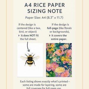 Puede incluir: Nota de tama&ntilde;o de papel de arroz A4 con ejemplos. El tama&ntilde;o del papel es de 21 x 29,7 cm. Un ejemplo muestra una ilustraci&oacute;n de abeja, el otro un dise&ntilde;o floral. El texto explica la cobertura del dise&ntilde;o.