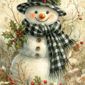May include: Watercolor painting of a snowman wearing a black and white plaid hat and scarf. The snowman has a carrot nose, rosy cheeks, and a smiling mouth. Holly and red berries decorate the hat and the surrounding branches.