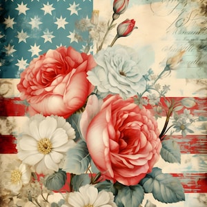 Patriotic Floral Rice Paper: American Flag Roses, Shabby Chic Decoupage