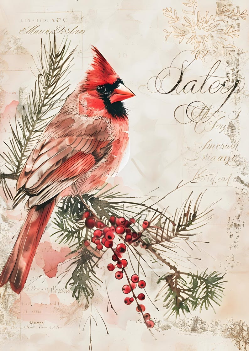 K&ouml;nnte beinhalten: Ein leuchtend roter Kardinalvogel sitzt auf einem Kiefernzweig mit roten Beeren. Der Hintergrund zeigt eine cremefarbene Oberfl&auml;che mit feiner, eleganter Schreibschrift und dekorativen botanischen Linienzeichnungen in geschichteter Optik.