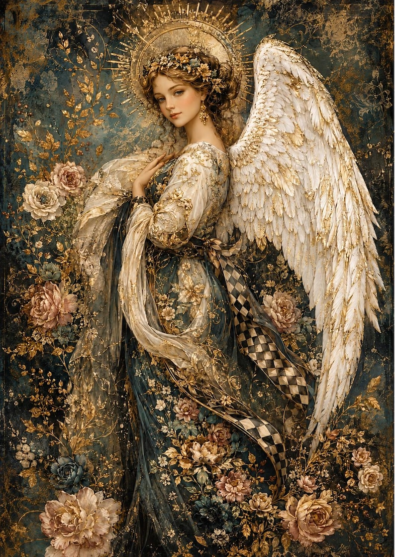 May include: A digital illustration of an angel with large white and gold wings, wearing a flowing gown adorned with floral patterns and a checkered sash. The figure features a golden halo, intricate hair accessories, and is surrounded by gold foliage.