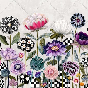 May include: A wallpaper mural featuring a dense garden of stylized flowers in shades of pink, purple, white, and black, interspersed with green foliage and black-and-white checkered patterns on a light gray background with a subtle diamond grid.