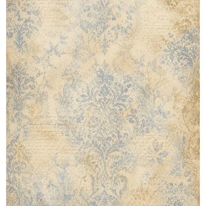 May include: A rectangular sheet of paper featuring a faded beige background with a repeating blue damask pattern, overlaid with faint, cursive handwritten script and subtle botanical leaf illustrations in a distressed, aged aesthetic.