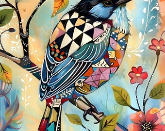 Decoupage Rice Paper: Mosaic Bird Floral Design - A4 Scrapbook Paper