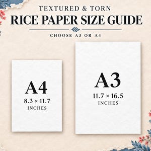 May include: A textured and torn rice paper size guide featuring floral accents. The text reads: TEXTURED & TORN RICE PAPER SIZE GUIDE, CHOOSE A3 OR A4. Two white rectangles are labeled A4 (8.3 x 11.7 inches) and A3 (11.7 x 16.5 inches).