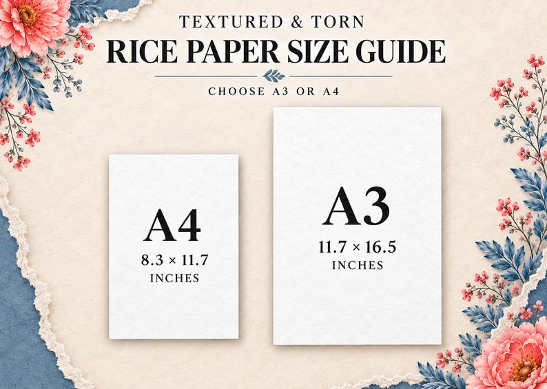 May include: A textured and torn rice paper size guide featuring floral accents. The text reads: TEXTURED & TORN RICE PAPER SIZE GUIDE, CHOOSE A3 OR A4. Two white rectangles are labeled A4 (8.3 x 11.7 inches) and A3 (11.7 x 16.5 inches).