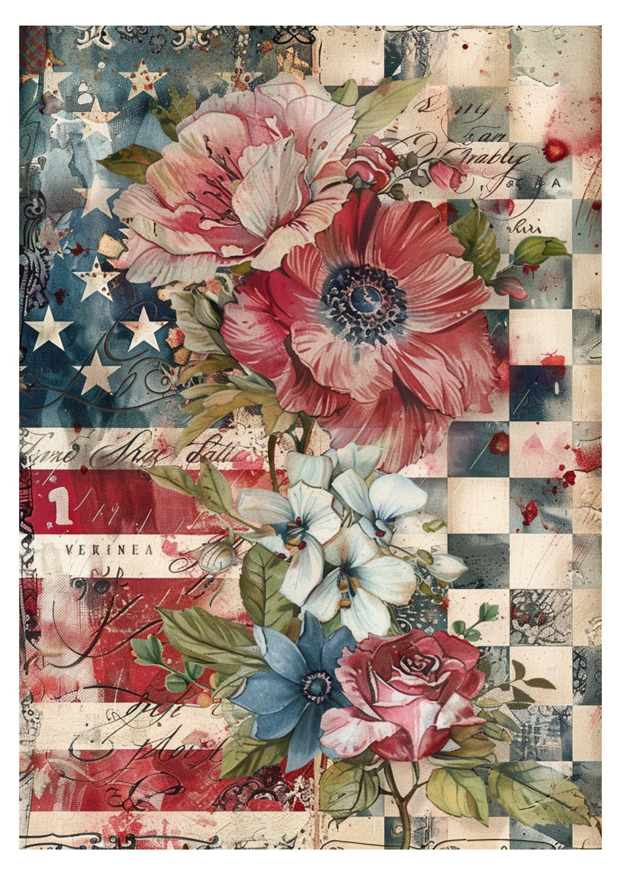 Patriotic Floral Rice Paper for Decoupage: Red, White & Blue Collage ...