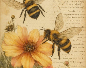 Bee Floral Rice Paper for Decoupage, Vintage Honey Bee Botanical Flowers A4 sheet
