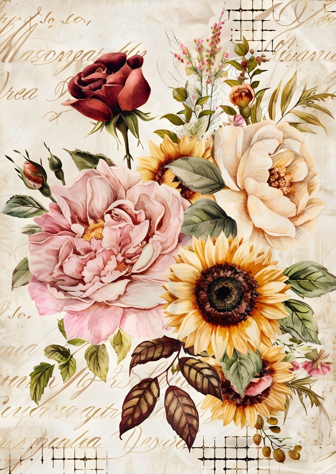 Peony Rice Paper Sunflower Rose Peony Rice Paper Vintage Floral Decoupage Paper A4 Sheet ...
