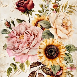 Sunflower Rose Peony Rice Paper: Vintage Floral Decoupage Paper A4