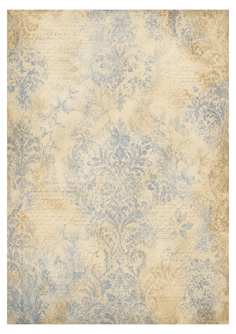May include: A rectangular sheet of paper featuring a faded beige background with a repeating blue damask pattern, overlaid with faint, cursive handwritten script and subtle botanical leaf illustrations in a distressed, aged aesthetic.