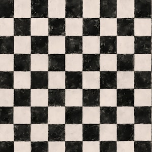 May include: A repeating checkerboard pattern featuring alternating black and off-white squares. The surface displays a visible, hand-painted texture with slight variations in color density and brushstroke marks across each individual square.