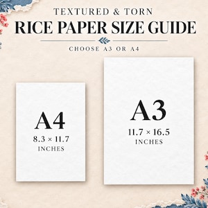 May include: A textured and torn rice paper size guide featuring floral accents. The text reads: TEXTURED & TORN RICE PAPER SIZE GUIDE, CHOOSE A3 OR A4. Two white rectangles are labeled A4 (8.3 x 11.7 inches) and A3 (11.7 x 16.5 inches).