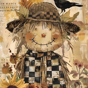May include: A whimsical illustration of a scarecrow with a checkered scarf and hat, adorned with sunflowers and autumn leaves. A black crow perches on the hat. The background features vintage script and floral elements, creating a rustic, fall-themed artwork.