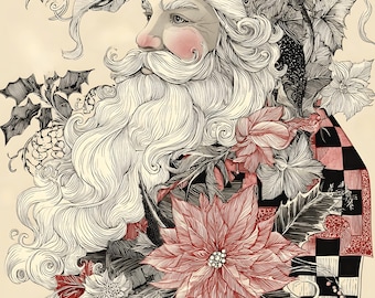 Vintage Santa Rice Paper, Christmas Poinsettia A4 Decoupage Sheet