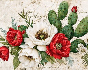 May include: A botanical illustration featuring vibrant red and white poppy flowers arranged alongside green prickly pear cactus pads. The composition includes small white blossoms and green foliage set against a textured, cream-colored background with faint, elegant cursive script.