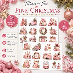 May include: Two A4 sheets of decoupage rice paper featuring 24 pink Christmas designs. Illustrations include a pink truck, Santa Claus, a snowman, a reindeer, a bicycle, a camper, a sleigh, a gingerbread house, and mugs, all in shades of pink.