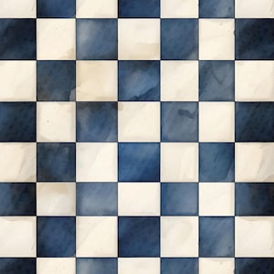 May include: A repeating checkerboard pattern consisting of alternating square tiles in deep navy blue and off-white. Each square features a subtle, hand-painted watercolor texture with slight variations in color saturation and tone across the grid.