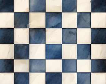 May include: A repeating checkerboard pattern consisting of alternating square tiles in deep navy blue and off-white. Each blue square features a subtle, watercolor-like texture with variations in pigment density, while the white squares appear matte.