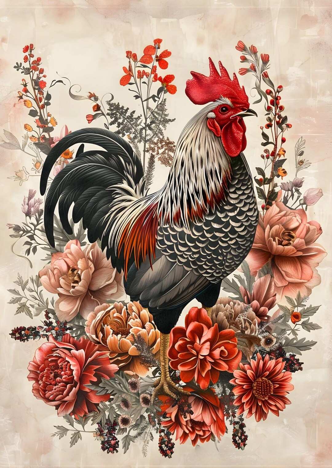 Red Rooster Rice Paper: Farmhouse Floral Decoupage, Scrapbooking - Etsy
