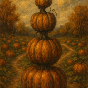 May include: An autumn-themed painting depicts a stack of four orange pumpkins, with a winding vine at the top. The pumpkins are set in a field with other pumpkins and trees in the background. The color palette is warm, with shades of orange, brown, and green.