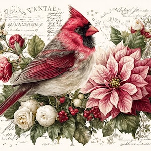 Christmas Cardinal Rice Paper for Decoupage Holiday Florals Vintage Script Background A4 Landscape Sheet