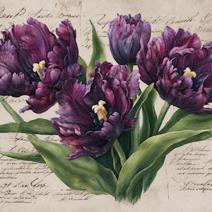 May include: A painting of four deep purple parrot tulips with ruffled petals and yellow centers, surrounded by green leaves. The floral arrangement is set against a beige background featuring faded, handwritten cursive script in black ink.