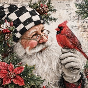 May include: A festive illustration of Santa Claus wearing a black and white checkered hat, spectacles, and a long white beard. A bright red cardinal bird perches on a gloved hand. The scene is decorated with green holly, pine cones, and red poinsettias.