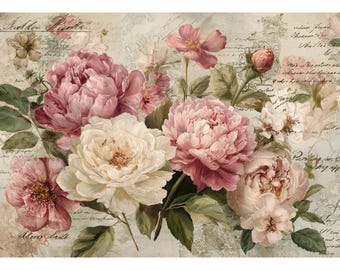 Juego de 3 hojas de papel de arroz con diseño de peonías rosas botánicas para decoupage (tamaño A3)