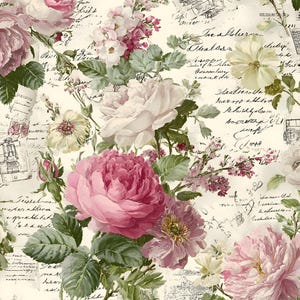 Decoupage Paper A4 Rice Paper Pink Peonies Vintage Script Floral Ephemera Design, Romantic Shabby Chic Tissue for Crafts Scrapbooking DIY