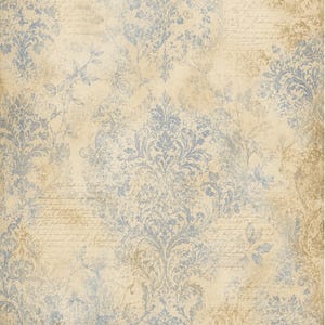 May include: A vintage-style wallpaper design featuring a damask pattern in shades of blue and beige. The background has a distressed, aged appearance with faded script, creating a classic, elegant aesthetic.