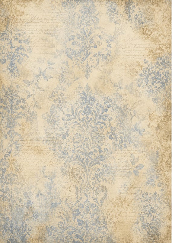 Blue Damask Rice Paper for Decoupage, Vintage Wallpaper A3 Sheet