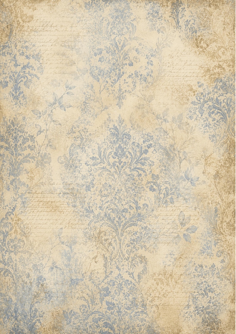 May include: A decorative paper sheet featuring a repeating blue damask pattern layered over a beige background with faint, cursive script handwriting and subtle brown distressed textures throughout the entire surface of the rectangular page.