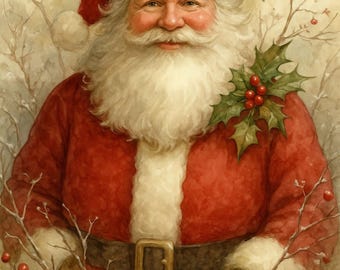 Santa decoupage rice paper, vintage Santa with holly berries, Christmas craft supply a4 sheet