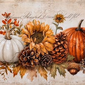 May include: A decorative print featuring a white pumpkin, a large orange pumpkin, sunflowers, pinecones, and an acorn nestled among autumn leaves. The background has a beige, textured appearance with faint, illegible cursive script and markings.