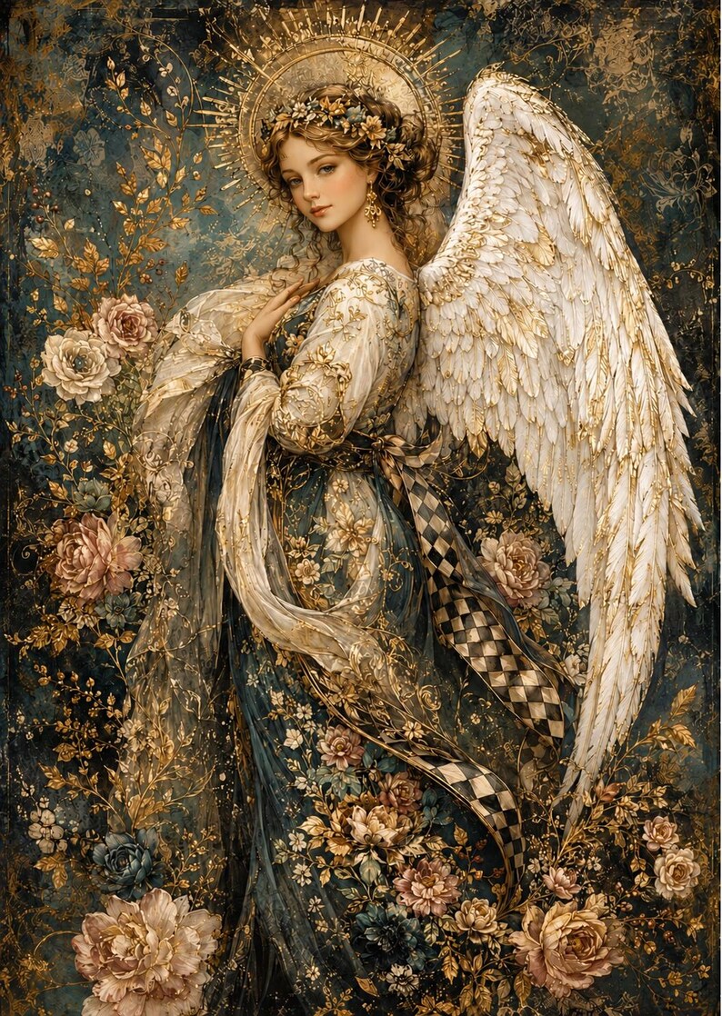 May include: A digital illustration of an angel with large white and gold wings, wearing a flowing gown adorned with floral patterns and a checkered sash. The figure features a golden halo, intricate hair accessories, and is surrounded by gold foliage.