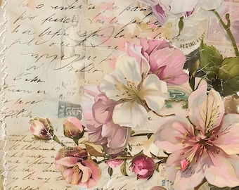 Vintage Floral Decoupage Rice Paper  Pink Botanical A4 Sheet