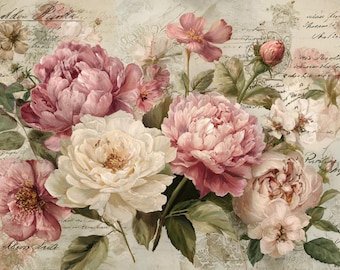 May include: A vintage-style floral arrangement featuring large, lush peonies in shades of pink and cream, accented by green leaves. The background has faded script and a textured, aged appearance, creating a romantic, antique aesthetic.