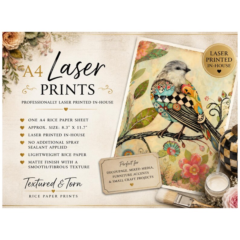 May include: An A4 rice paper sheet featuring a colorful bird illustration with geometric patterns, perched on a branch amidst flowers. The text reads A4 Laser Prints, Professionally laser printed in-house, and lists product specifications.
