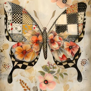 Puede incluir: Una vibrante obra de arte de mariposa con alas de retazos y detalles florales. Las alas presentan una mezcla de patrones, incluyendo cuadros y dise&ntilde;os florales, con un borde a cuadros blanco y negro. El cuerpo de la mariposa es a cuadros, y la obra incluye flores rosas.