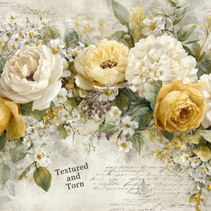 May include: A floral design featuring yellow and white roses, daisies, and other flowers. The image has a vintage aesthetic with a textured background and handwritten script. The words "Textured and Torn" are visible.