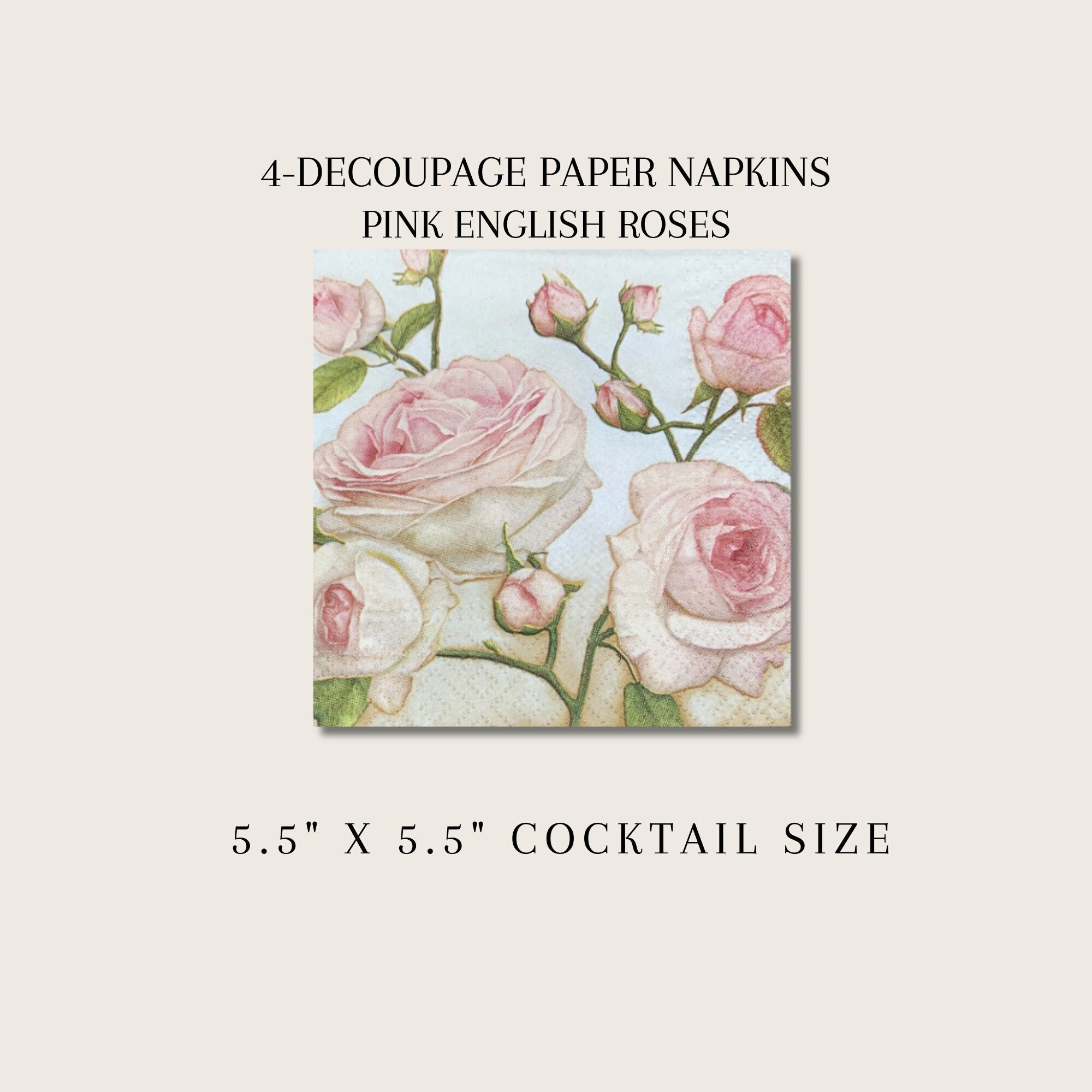 Pink Roses Decoupage Napkins: Floral Paper Craft - Set of 4