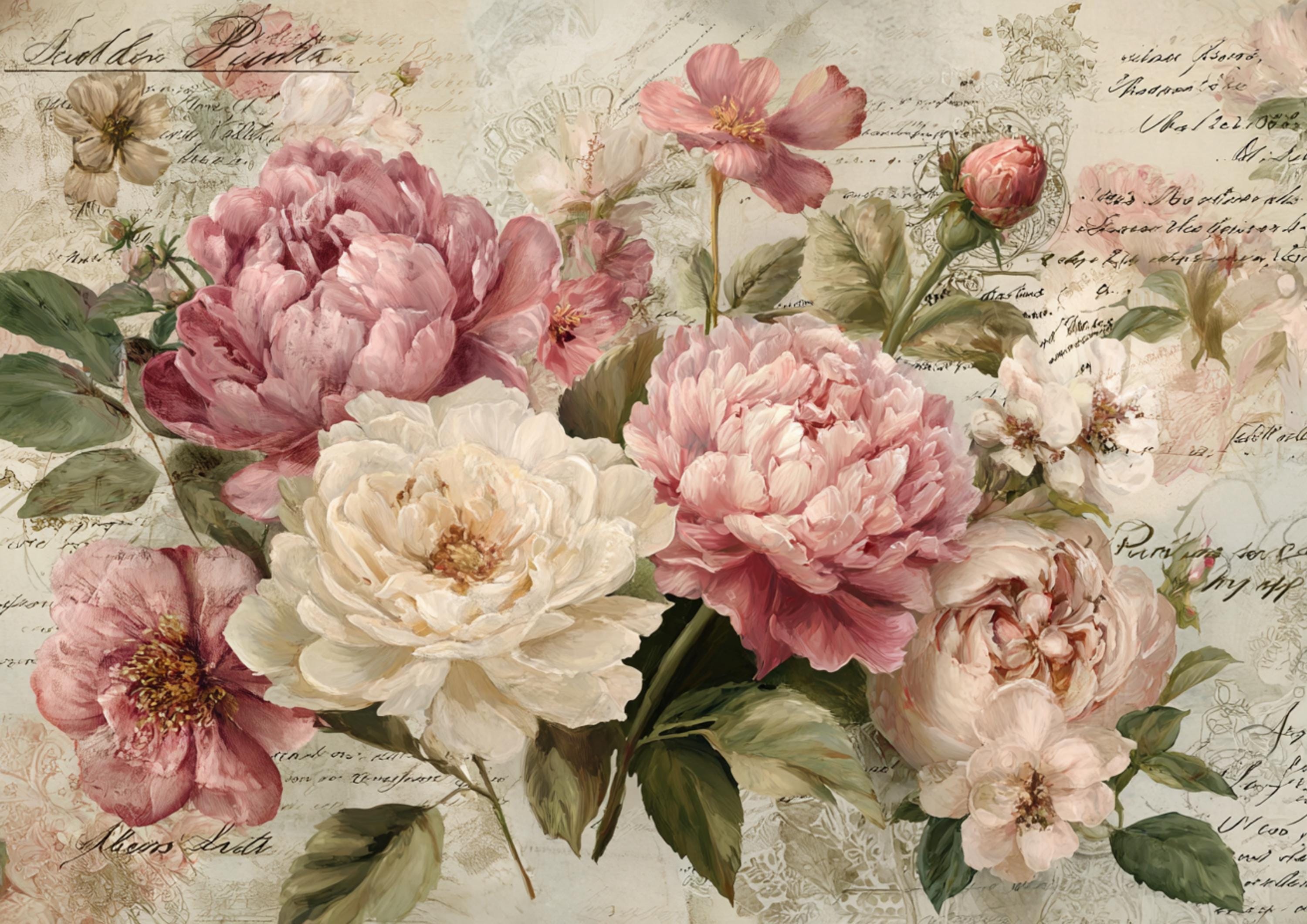 Peony Rice Paper A3 Pink Antique Peony Rice Paper for Decoupage, Bouquet Romantic ...