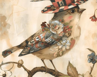 Whimsical Fall Bird Rice Paper Vintage Ephemera for Decoupage A4 Sheet