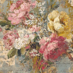 May include: A floral print wallpaper featuring large pink and yellow peonies, small white blossoms, and green leaves against a light blue background. The design includes distressed gold leaf accents and layers of faded, illegible cursive script text.