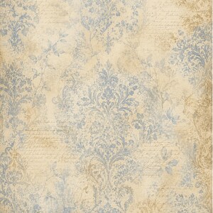 May include: A decorative paper sheet featuring a repeating blue damask pattern layered over a beige background with faint, cursive script handwriting and subtle brown distressed textures throughout the entire surface of the rectangular page.