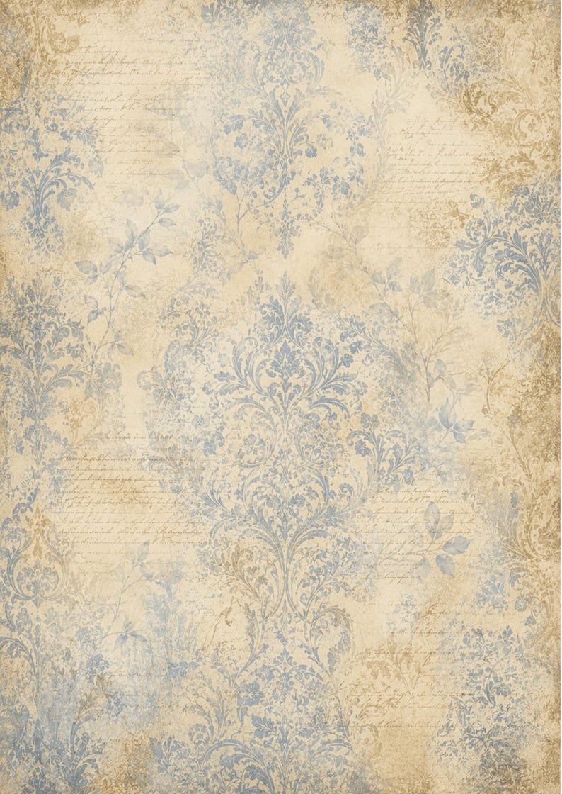 May include: A decorative paper sheet featuring a repeating blue damask pattern layered over a beige background with faint, cursive script handwriting and subtle brown distressed textures throughout the entire surface of the rectangular page.